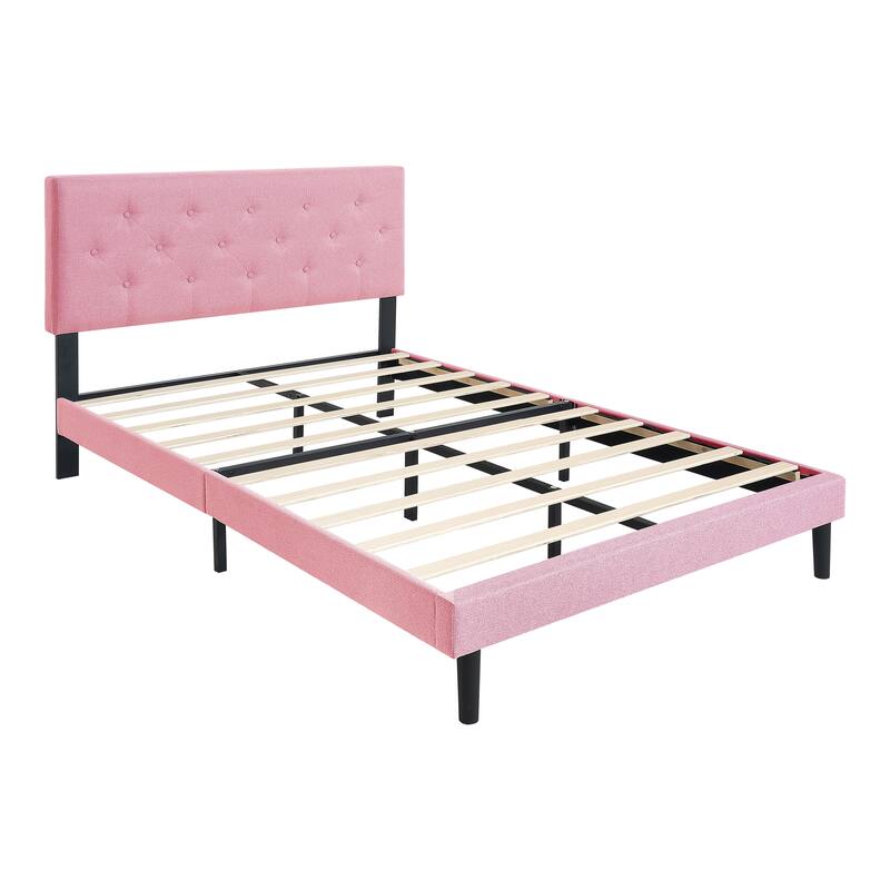 Pink Full Size Upholstered Platform Bed Frame with Button Tufted Linen Fabric Headboard