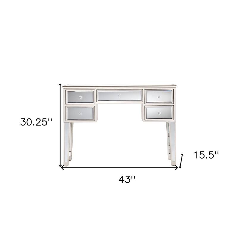 Silver Mirrored Glass Console Table and 5 Drawers Solid Wood Base - 43" L x 15.5" W x 30.25" H