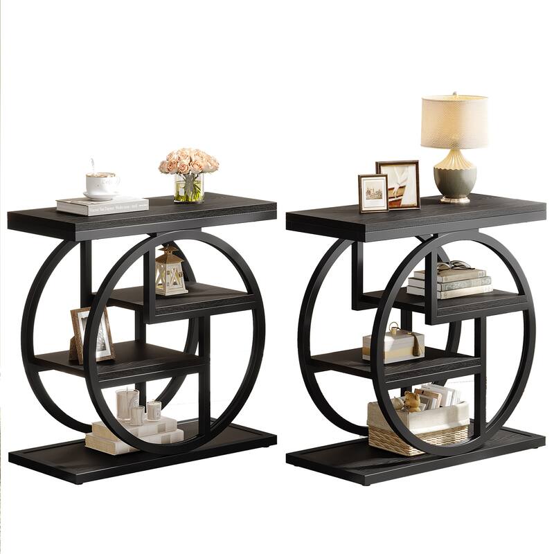 Industrial 4-tier Wood Narrow Side End Table with Storage Shelves