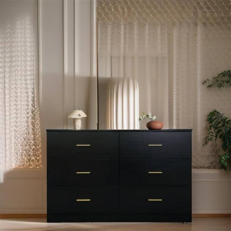 Modern Wood 6-Drawer Dresser with Storage - Black