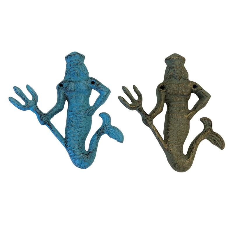 King Neptune Wall Hooks Set of 2 Cast Iron 6.75 Inches - Blue,Green