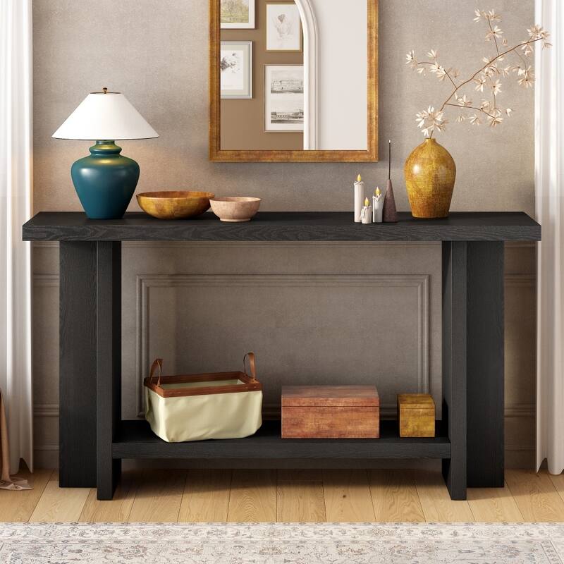 60" Ash Wood Veneer Vintage-Inspired Console Table with T-Leg for Living Space - Black