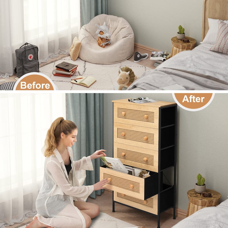 Crestlive Dresser Closet PE Wicker Rattan Storage Tower Organizer Chest of 5 Drawers