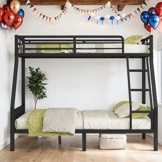 Kid Bed Frame Metal Twin XL Over Queen Bunk Bed with Ladder and Slats Support