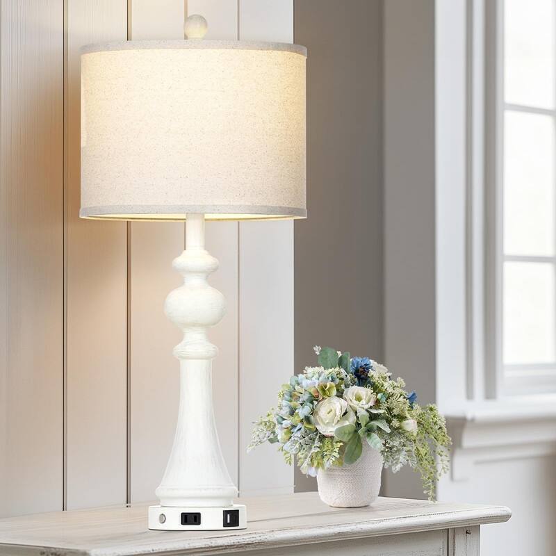 28" Farmhouse Table Lamp with USB A and C Fast Ports AC Outlets - 13"D x 13"W x 28"H - Gray