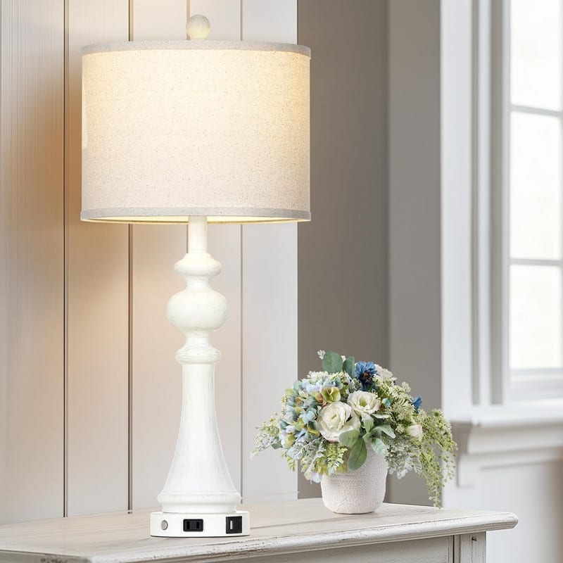 28" Farmhouse Table Lamp with USB A and C Fast Ports AC Outlets - 13"D x 13"W x 28"H