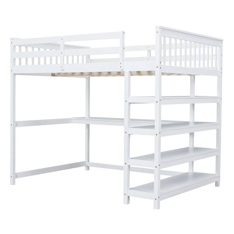 Full/Twin Size Loft Bed with Under-bed Desk & Storage Shelves, Space-Saving Design, Solid Pine Frame, No Box Spring Required