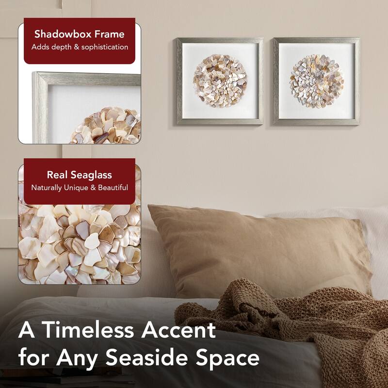 American Art Decor Neutral Seashell Mosaic 3D Textured Wall Art with Champagne Frame, 2 Piece Set for Coastal Beach Theme Decor