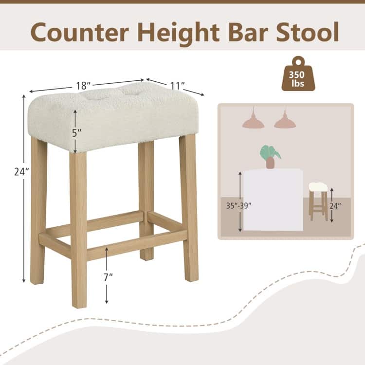 Set of 2 Modern Counter Height Bar Stools with Rubber Wood Legs - 18" x 11" x 24"
