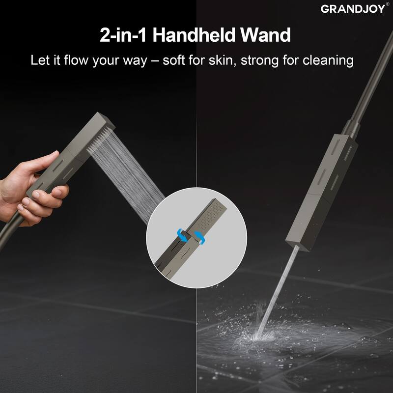 GRANDJOY Thermostatic LED Rain and Waterfall Shower System with Handheld, Built-In Music Function