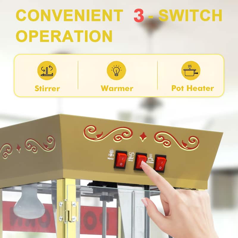 12oz Popcorn Machine Cart, Popcorn Cart with Wheels, Vintage Popcorn Machine with Stainless Steel Kettle