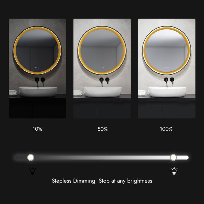 Large LED Bathroom Vanity Wall Mirror Dimmable Touch Sensor Anti-fog - Black/Gold - 36'' H x 36'' W x 1.65" D
