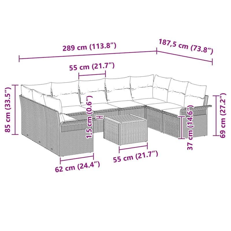 vidaXL 10 Piece Garden Sofa Set with Cushions - 113.8×73.8×27.2