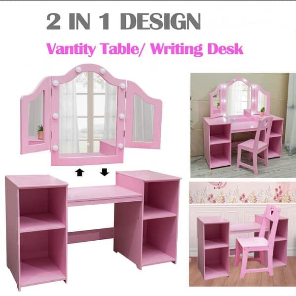2-in-1 Kids Vanity & Desk Set With Tri-Folding Mirror - Toddler Dressing Table With DIY Stickers