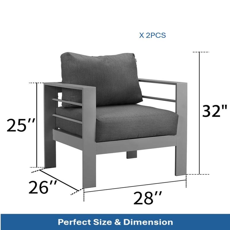 2-Pack 28" Aluminum Patio Armchairs with Thick Dark Gray Cushions Gray Frame