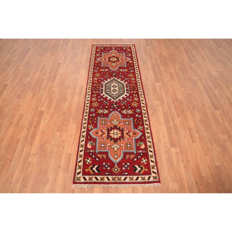 Hand Knotted Oriental 100% Wool Carpet Traditional Geometric Oranges & Rust Kazak Runner Rug - 7' 11'' X 2' 7''