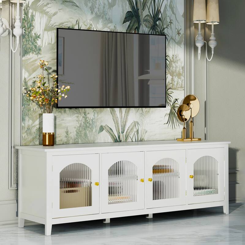 71" Modern TV Stand, Entertainment Center Media Console, Solid Wood Frame TV Cabinet with Changhong Glass Doors & Metal Handles - Antique White
