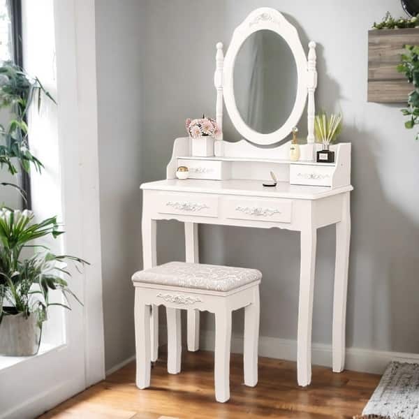 ladies dressing table set FUFU&GAGA 5-Drawers Pink Makeup Vanity Dressing Table Set with Stool,  Mirror and Storage Shelves Girls Dressing Table WFKF210095-02