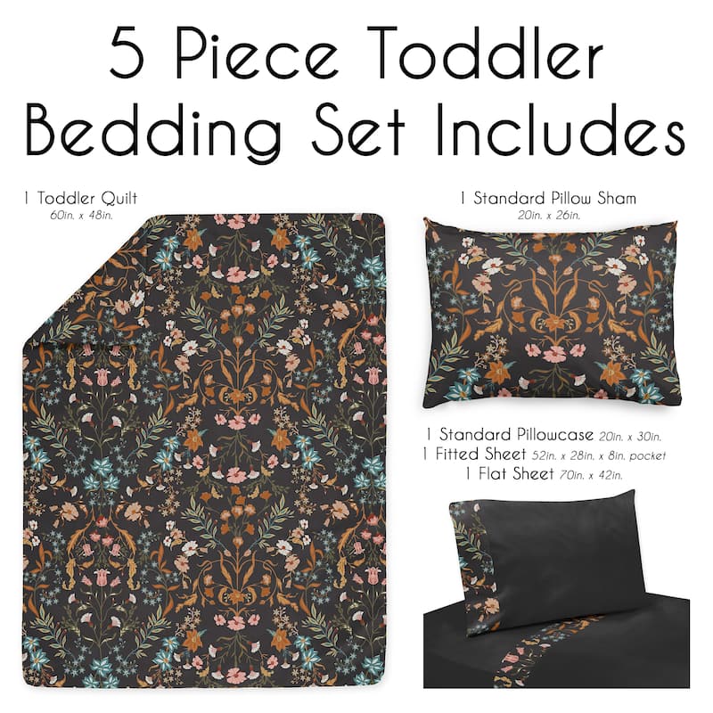 Sweet Jojo Designs Boho Wildflower Vintage Floral Girl 5p Toddler Comforter Set Black Orange Teal Bohemian Farmhouse Cottagecore