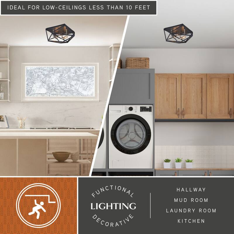 Hailey 15-in W Black Nickel Industrial Cage Flush Mount Ceiling Light Fixture - 15-in W x 6.5-in H x 15-in D