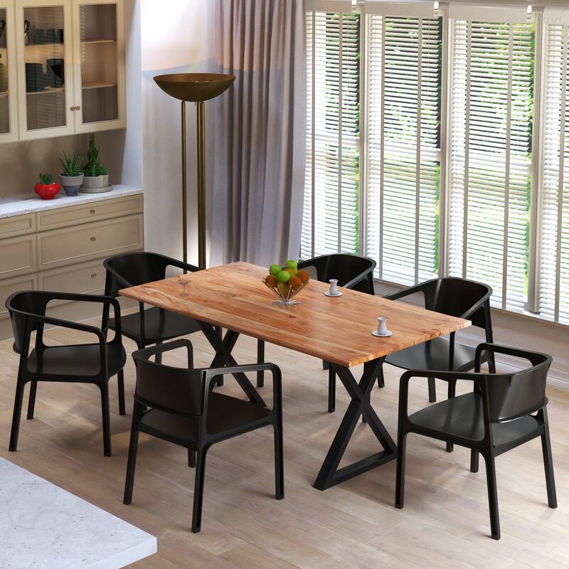 67 Inch Rectangular Dining Table with Crossed Black Metal Legs and Natural Brown Faux Live Edge Acacia Wood Top