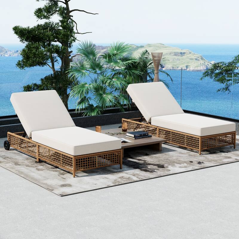 2 Pieces Outdoor Chaise Lounges Set for Poolside Garden, Adjustable Reclining Sun Lounger with Cushion & Wheels for 2 People