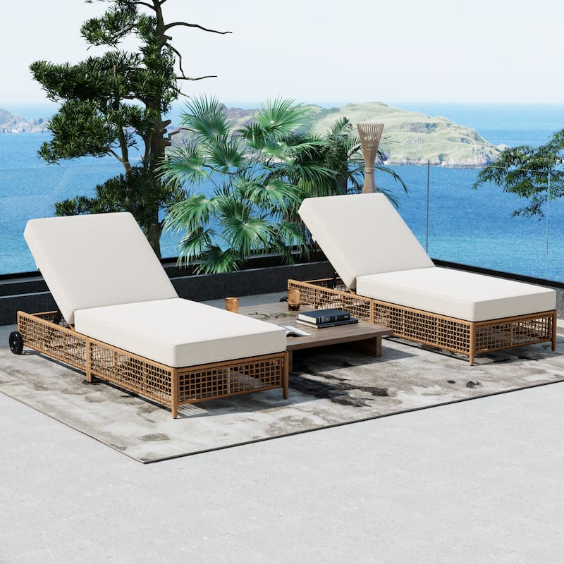 Patio Chaise Lounge with 5-Position Backrest, Cushion & Wheels
