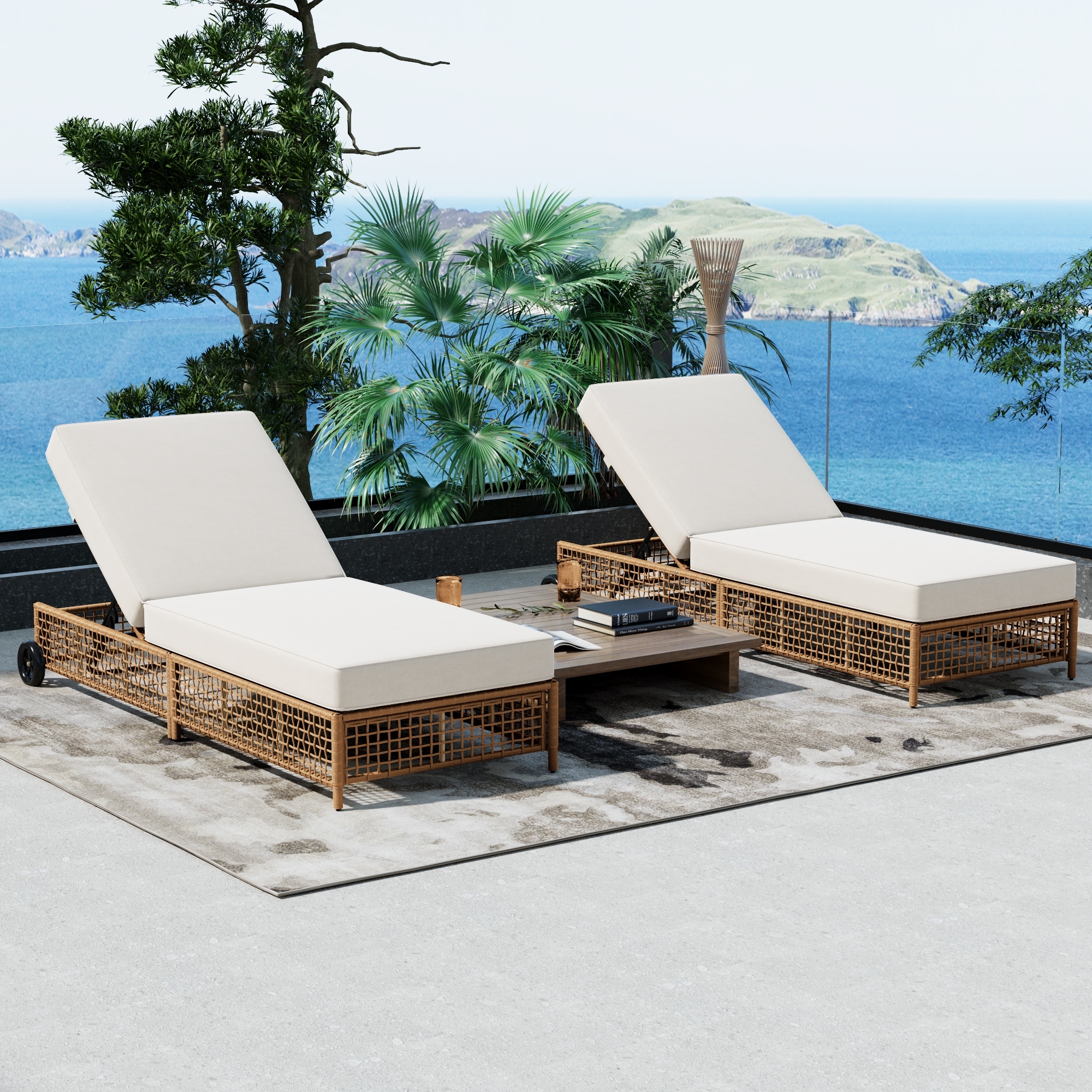 Roomfitters Set of 2 Rattan Chaise Lounge Chairs with 5-Position Backrest, Cushions and Wheels for Outdoor Use