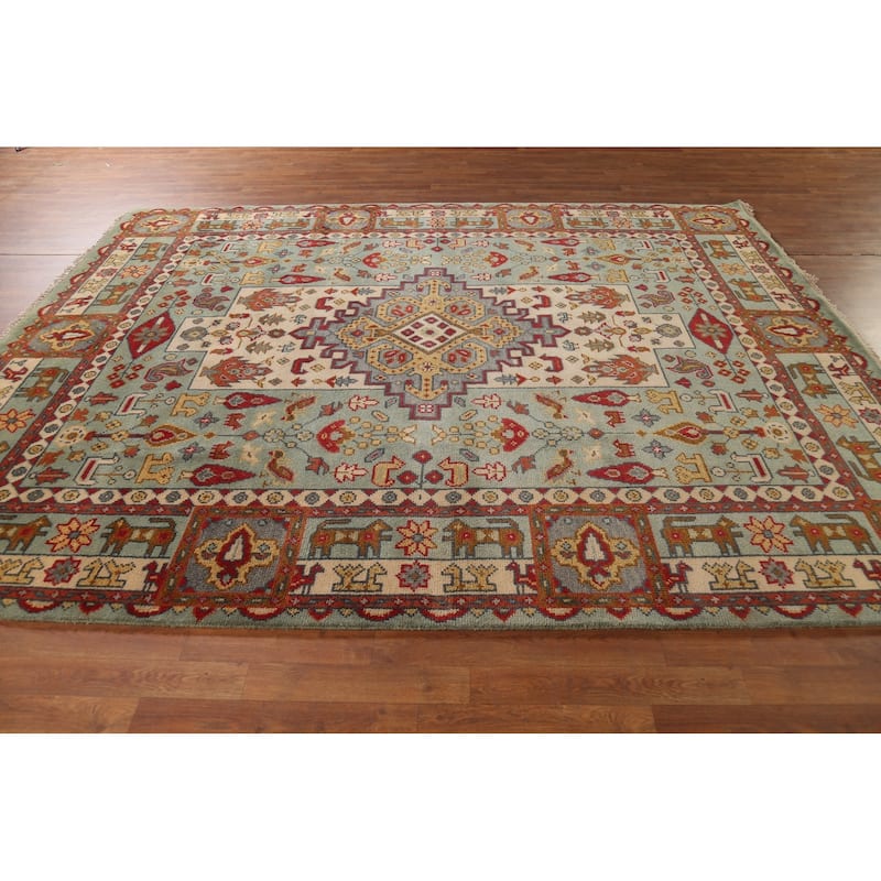 Tribal Green Geometric Heriz Serapi Area Rug Hand-Knotted Wool Carpet - 7'11"x 9'10"