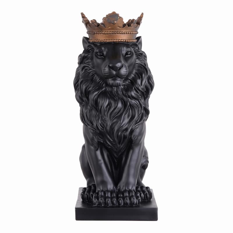 Sitting Lion with Crown Statue - 14.5" - Black and Gold
