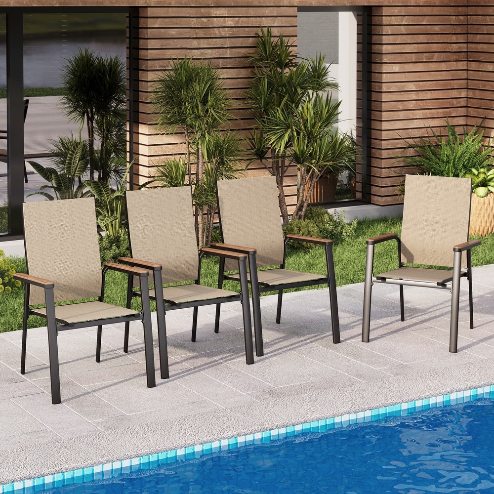 MAISON ARTS 4 Pieces Aluminium Stackable Patio Dining Chairs with Wooden Armest