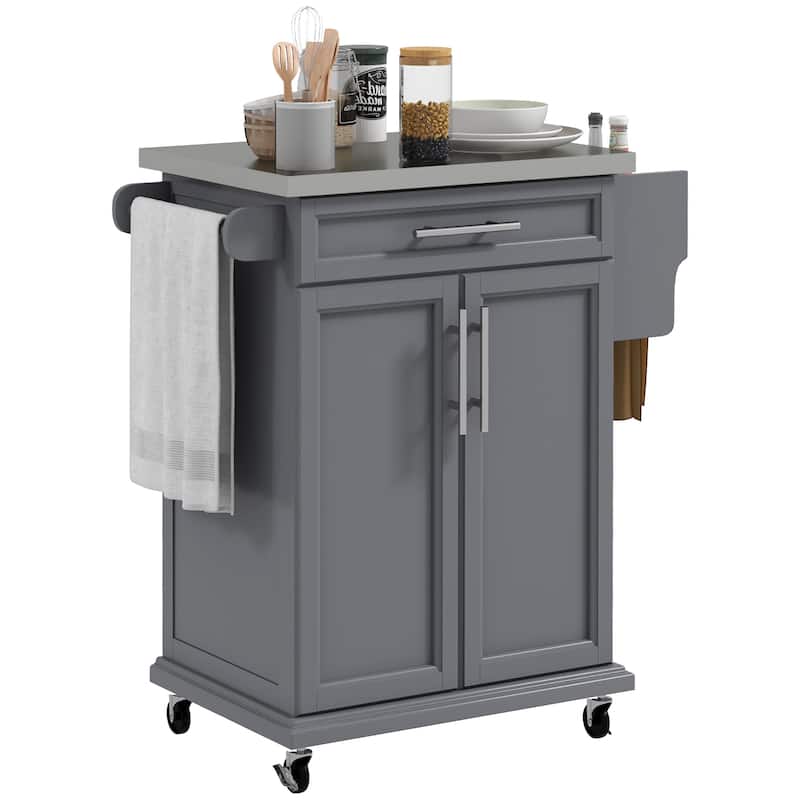 Kitchen Island with Stainless Steel Countertop, Rolling Islands Cart on Wheels, Kitchen Cart with 1 Drawer & 2-Tier Shelf - Grey