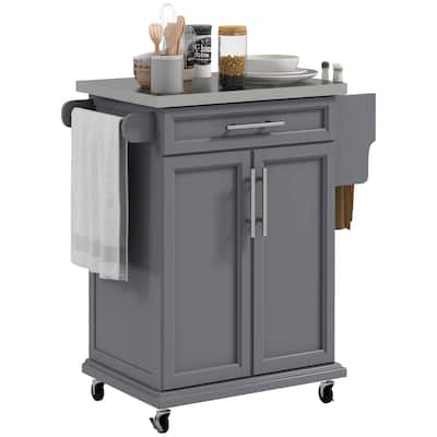 Kitchen Island with Stainless Steel Countertop, Rolling Islands Cart on Wheels, Kitchen Cart with 1 Drawer & 2-Tier Shelf