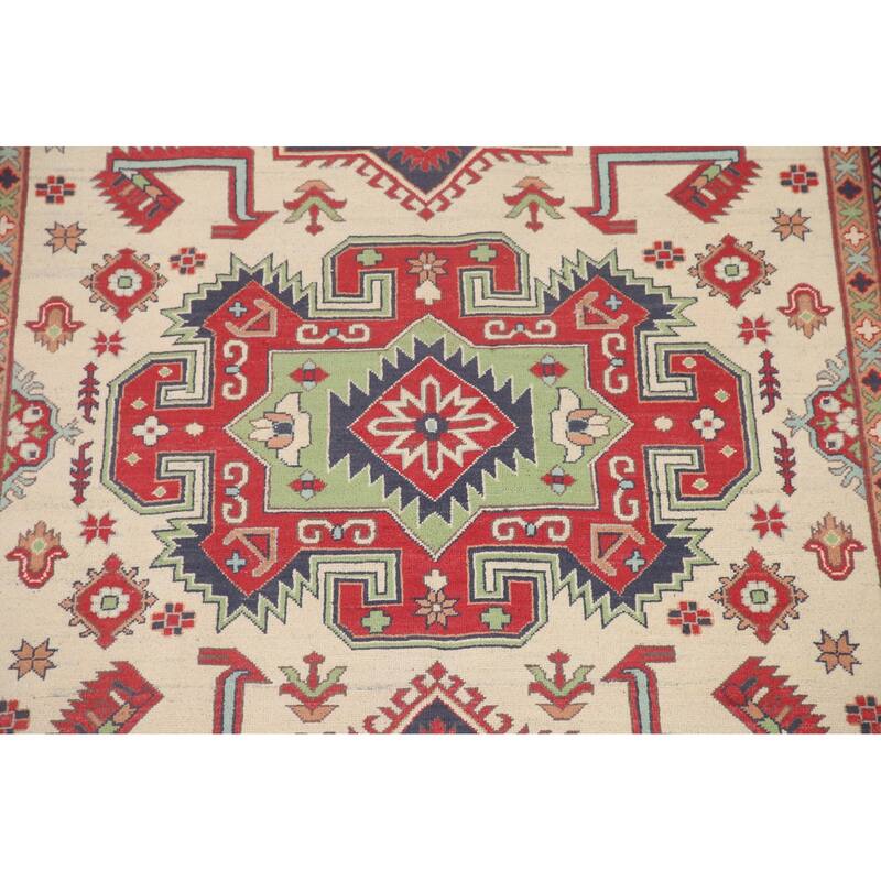 Hand Knotted Oriental 100% Wool Carpet Traditional Geometric Beige & Ivories Kazak Area Rug - 9' 10'' X 6' 5''