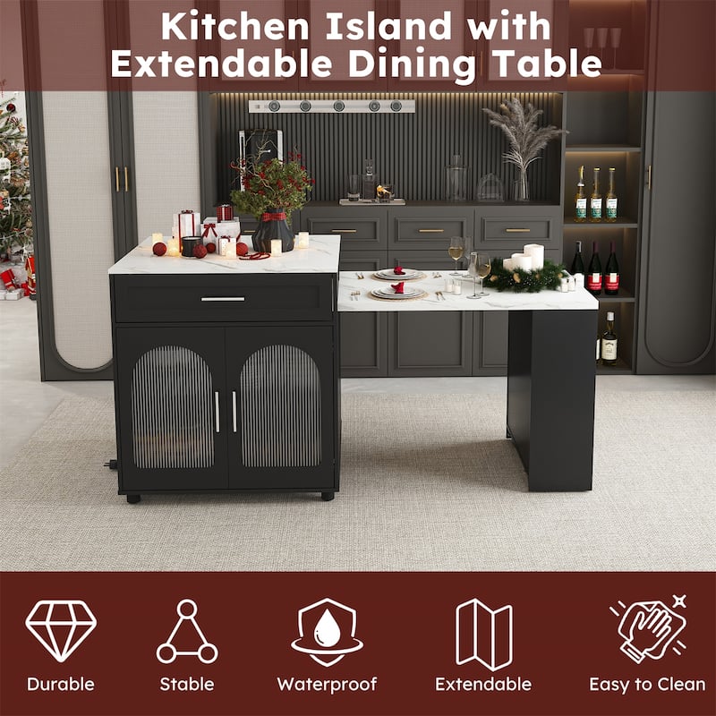 80" Expandable Kitchen Island with Dining Table, Mobile Storage Cart with Cabinet