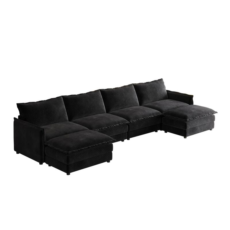 4-Seater Couch with 2 Ottomans, Corduroy Upholstered Cloud Sectional Deep Seat Sleeper Sofa U-Shaped Modular Couch