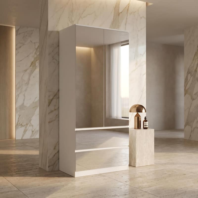 Modern Mirrored Wardrobe Armoire with Hanging Rod White Bedroom Storage Cabinet, Freestanding Closet Organizer