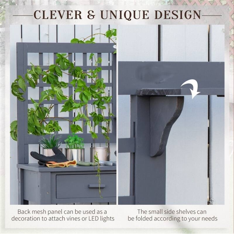 Grey Solid Wood Potting Table with Drawers Top Shelf and Bottom Storage for Gardening - 41.25" W x 16.5" D x 55.75" H