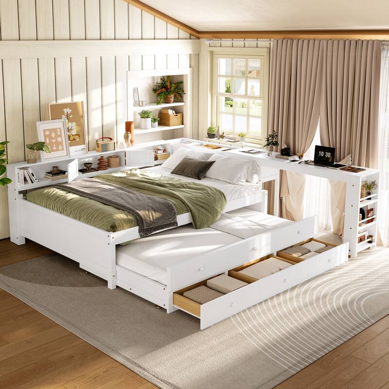Full/Twin Daybed with Trundle & Storage Drawers - Wood Frame with Side Shelves and Desk