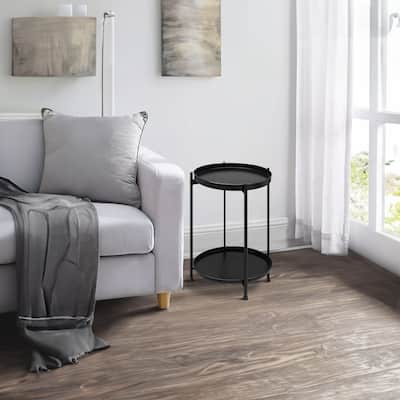 Vica 15 Inch Modern Side End Table, Metal Round Tray Top, Foldable Legs, Black
