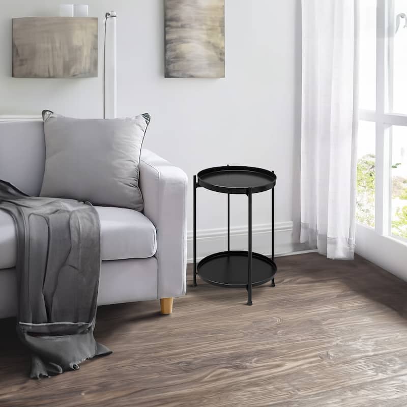 Vica 15 Inch Modern Side End Table, Metal Round Tray Top Foldable Legs, Black