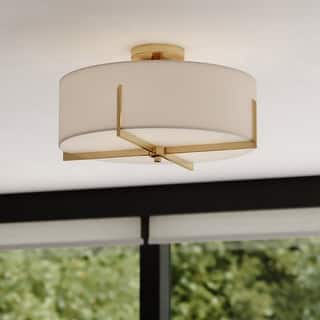 Surrey 18-in W Natural Brass Mid-Century Modern Semi Flush Mount Ceiling Light White Linen Drum Shade