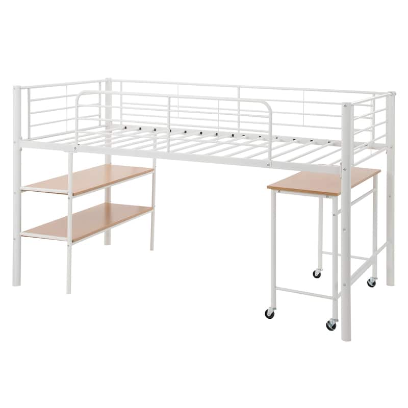 Twin Size Metal Loft Bed with Desk and Shelves