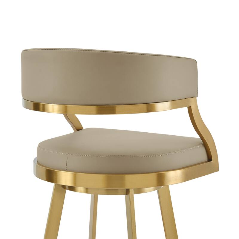 HomeRoots 30" Sand and Gold Faux Leather and Stainless Steel Low Back Bar Height Swivel Bar Chair