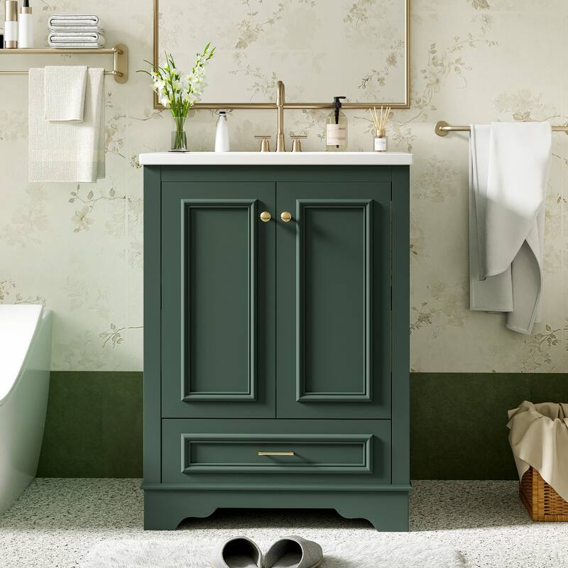 GDFStudio - Halcyon Modern Freestanding Bathroom Vanity with Ceramic Sink and Soft-Closing Storage Doors & Silver Handles - Green