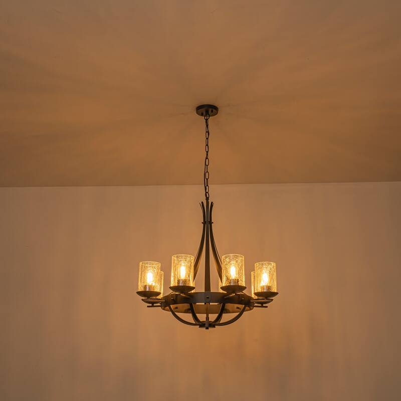 8-Light Industrial Wagon-Wheel Chandelier with Clear Cracked Glass Shades in Matte Black - 28 in. W x 28 in. H