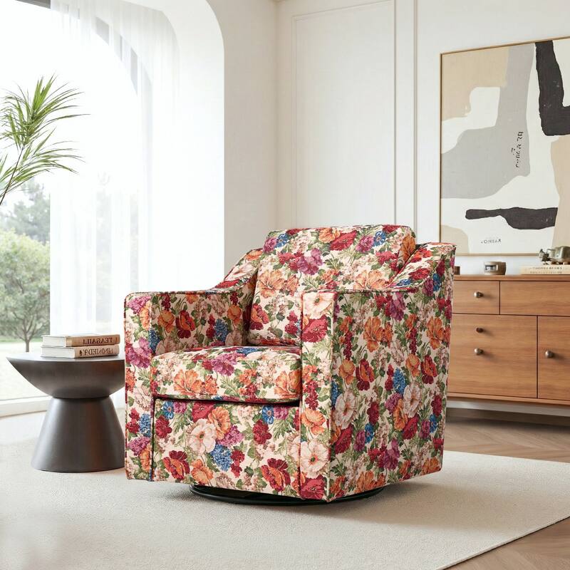 Patterned Linen Swivel Armchair Floral Accent Chair for Living Room