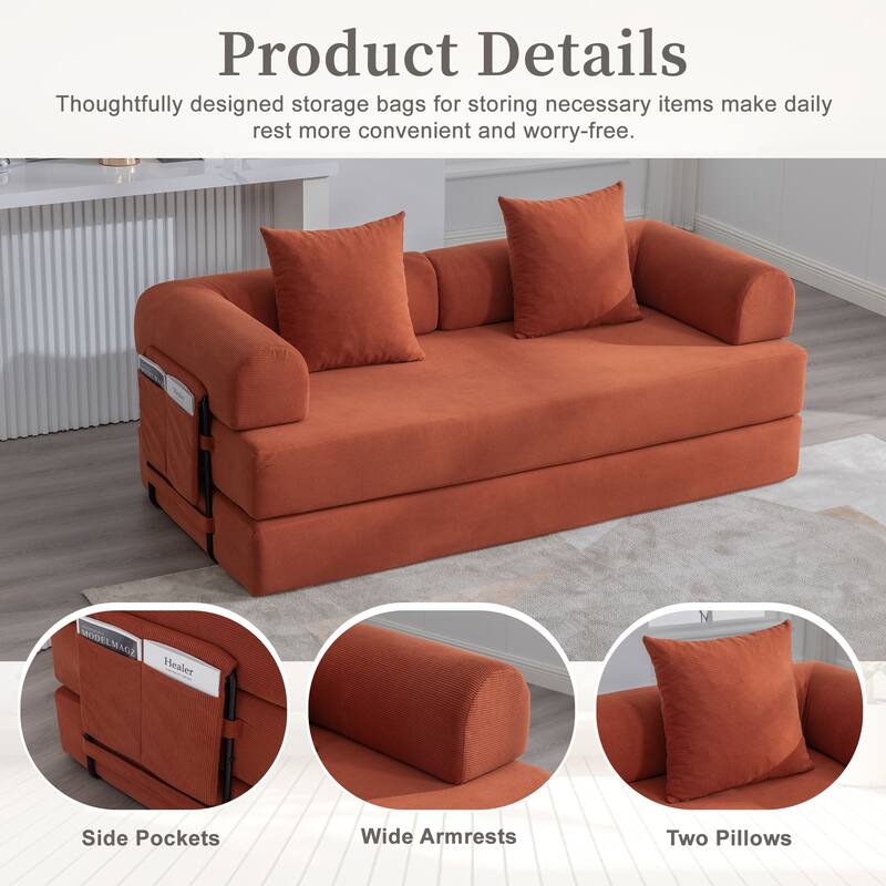 Foldable Modular Couch Sleeper Loveseat Sofa Bed with Storage Side Pocket, Detachable Metal Frame and Corduroy Fabric Cover