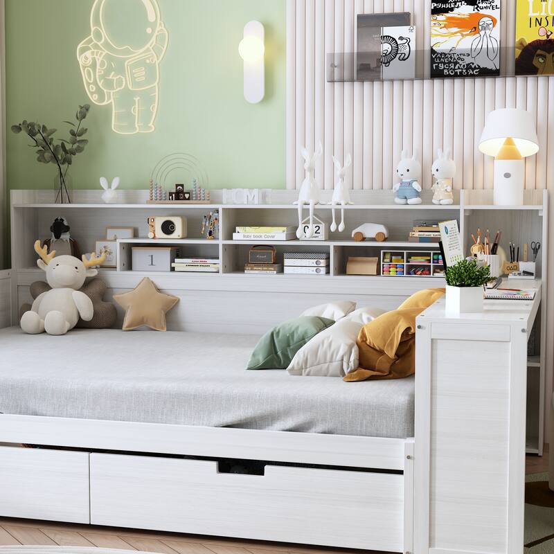 Full Size Wooden Daybed Platform Bed with Recessed Desk Storage Shelves and 2 Drawers Under Bed for Compact Spaces, Bedroom