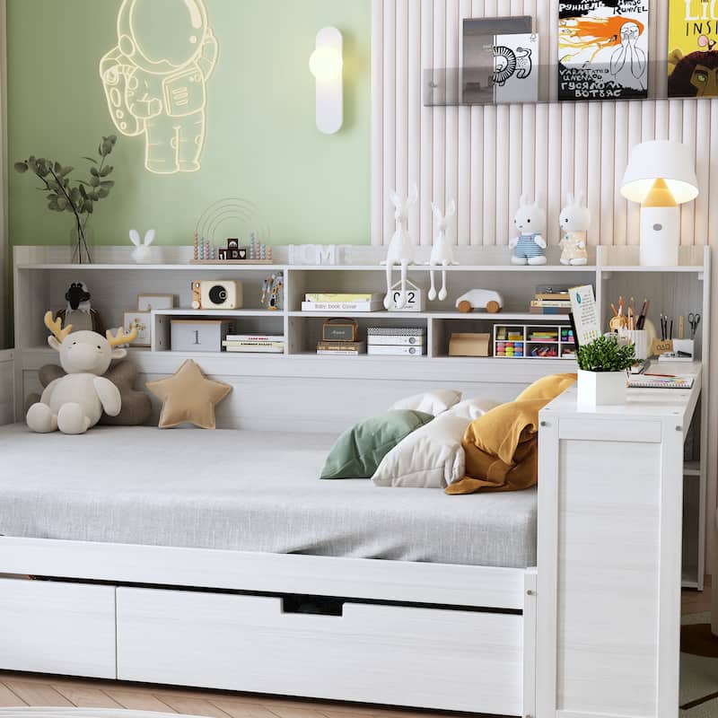 Wooden Twin Size Daybed with Storage Shelves, Multi-functional Bed with 2 Storage Drawers and Study Desk, Antique White